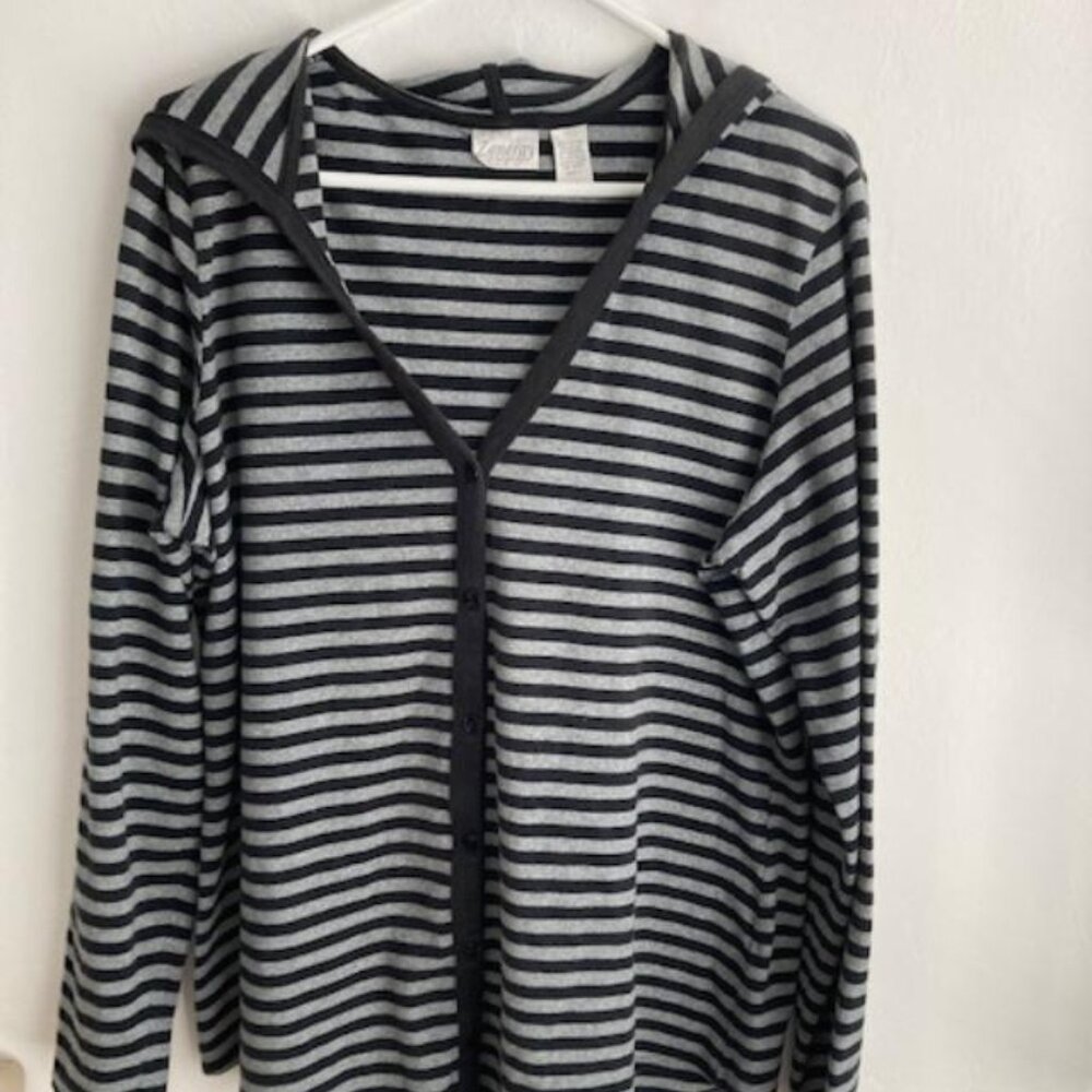 Chico's Zenergy Woman't Black Striped Hoodie SZ 3 Lg Sleeves Cotton Blend